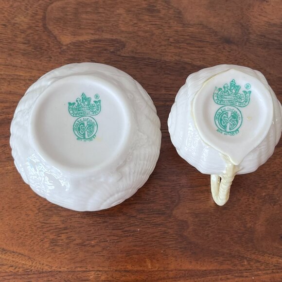 Vintage Belleek Seashell Nautilus Lustre Creamer & Sugar Bowl Green Mark Ireland - Picture 10 of 13